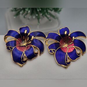 Vintage Cloisonné Enamel Studs Earrings Blue & Pink Lily Flower Handcrafted